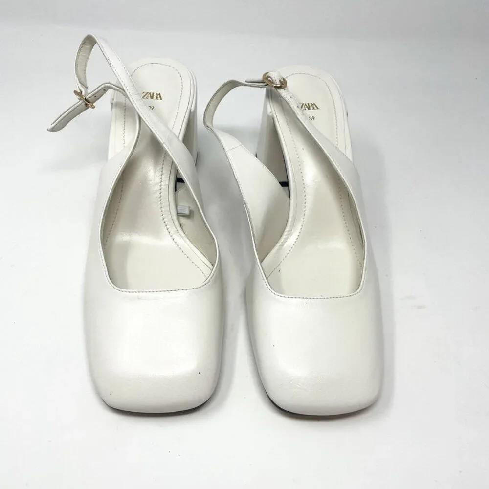 Zara Square Toe Slingback Low Block Heel Sandal Shoe Cream White Ecru Size 8